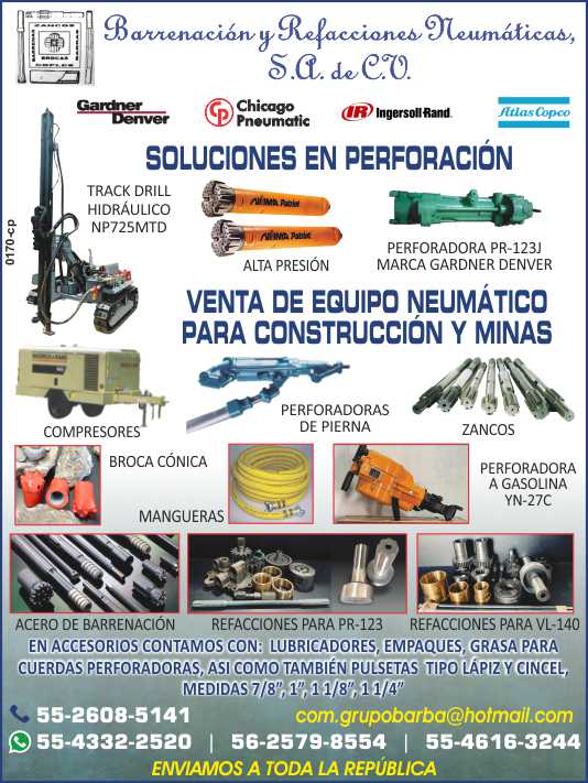 Sale and Repair of Equipment for Construction, Mines and Pneumatic. Numa Bottom Hammers and Drills Drills, Stilts, Stenuick, Hoses, Compressors, Mangueras.