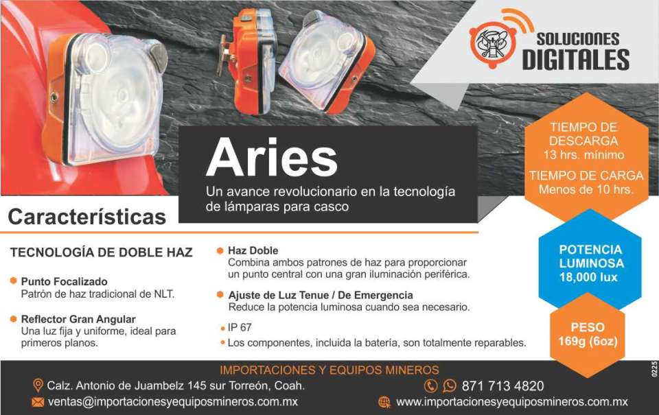 ARIES, a revolutionary breakthrough in helmet light technology. Discharge time: 13 hours minimum, Charge time: less than 10 hours, Luminous output: 18,000 lux, Weight: 169 g