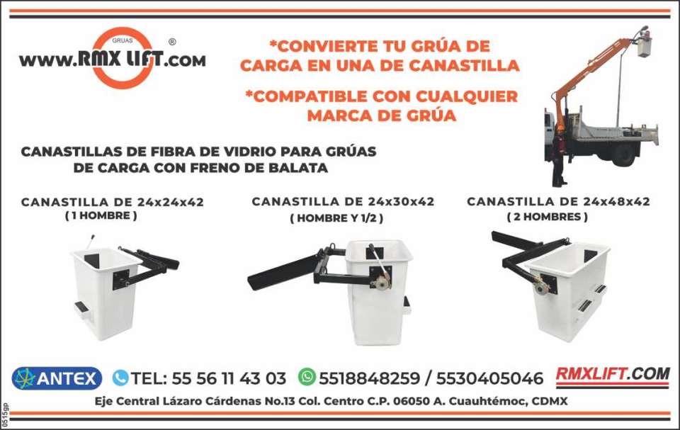 Canastillas de Fibra de vidrio para Gruas de Carga, con freno de balata. Canastillas de 24x24x42 (1 hombre), de 24x30x42 (hombre y 1/2), 24x48x42 (2 hombres). Compatible con cualquier marca de grua.
