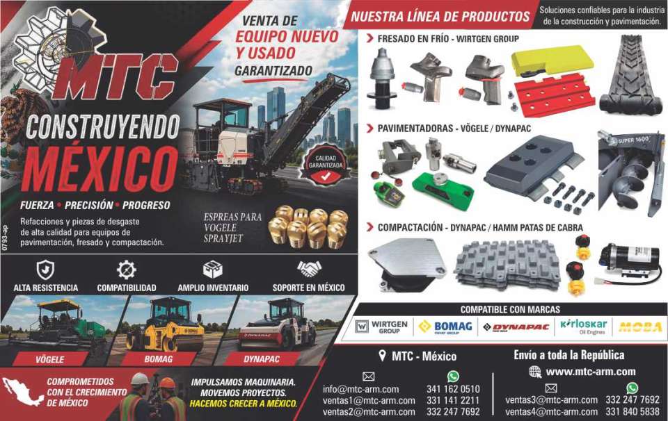 Equipo Nuevo y Usado Garantizado. Refacciones y piezas de desgaste para equipos de pavimentacion, fresado y compactacion. Compatibles con Wirtgen Group, Bomag, Dynapac, Kirloskar, Moba.