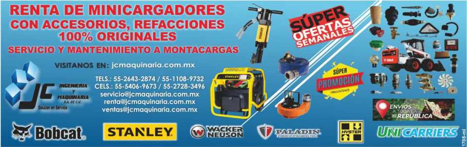Renta de Minicargadores c/Accesorios Servicio y Mantenimiento a Montacargas. Refacciones Originales. Bobcat, Unicarriers Forklift, Stanley, Paladin, Hyster, WN. Envios a toda la Republica. Renta de Minicargadores c/Accesorios Servicio y Mantenimiento a Montacargas. Refacciones Originales. Bobcat, Unicarriers Forklift, Stanley, Paladin, Hyster, WN. Envios a toda la Republica.