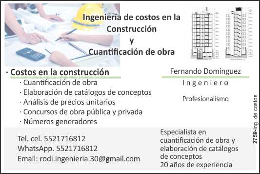 Cost Engineering in Construction and Quantity Surveying. Unit price analysis, public and private works tenders, preparation of catalogs of concepts, quantity take-offs.
