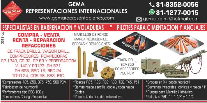 Especialistas en Barrenacion y Voladuras, Pilotes para Cimentacion y Anclajes. Compra, Venta, Renta, Reparacion y Refacciones Especialistas en Barrenacion y Voladuras, Pilotes para Cimentacion y Anclajes. Compra, Venta, Renta, Reparacion y Refacciones