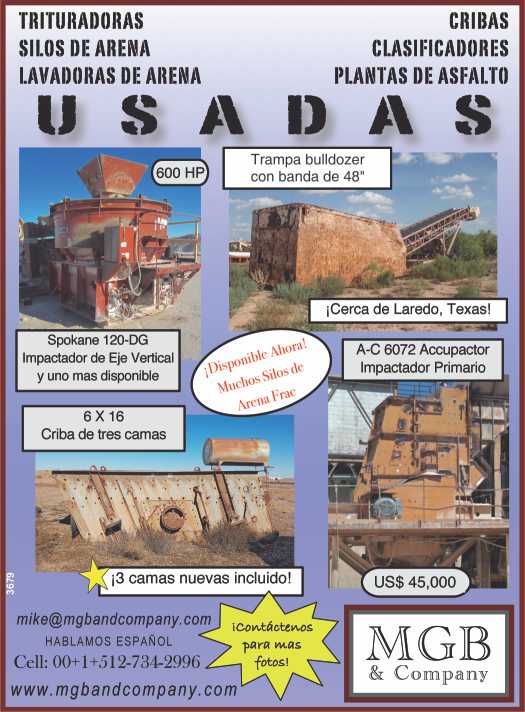 Venta de Equipo Minero Usado: Trituradoras, Cribas, Silos de Arena, Lavadores de Arena, Clasificadores, Plantas de Asfalto Venta de Equipo Minero Usado: Trituradoras, Cribas, Silos de Arena, Lavadores de Arena, Clasificadores, Plantas de Asfalto