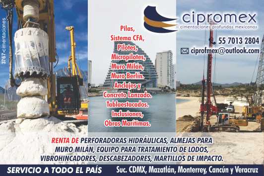 Piles, Micropiles, Milan and Berlin Walls, Anchors and Shotcrete, Sheet Piling. Inclusions, Maritime Works. Equipment rental and sale. Suc. Mazatlan, Monterrey and Cancun and Veracruz.