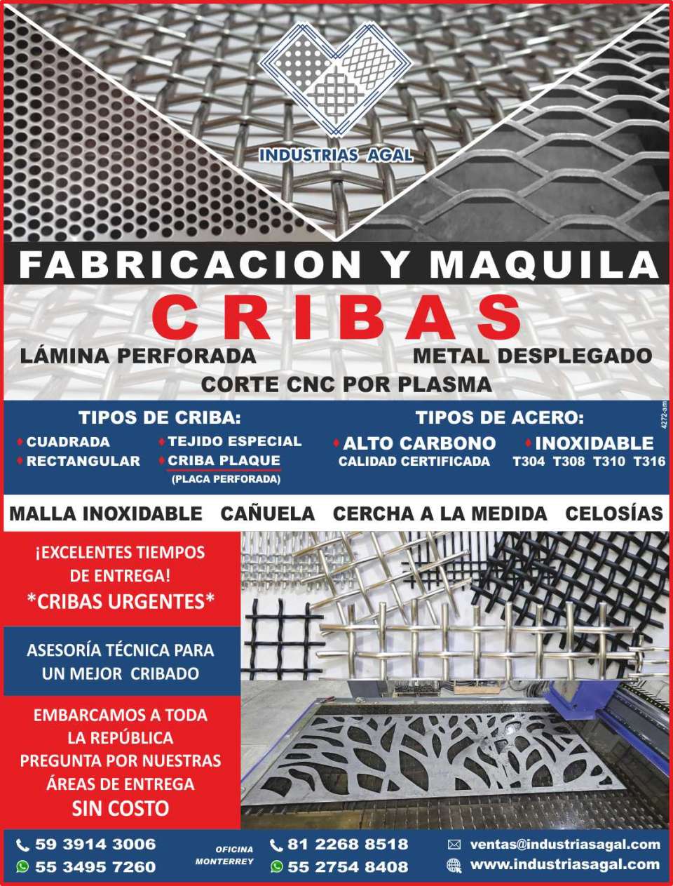 Cribas de Alto y Bajo Carbono, Cribas Plaque, Malla Inoxidable, Cañuela y Cercha a la medida, Lamina perforada, Rolado de Lamina, Corte CNC por Plasma, Metal desplegado, Asesoria Tecnica Cribas de Alto y Bajo Carbono, Cribas Plaque, Malla Inoxidable, Cañuela y Cercha a la medida, Lamina perforada, Rolado de Lamina, Corte CNC por Plasma, Metal desplegado, Asesoria Tecnica
