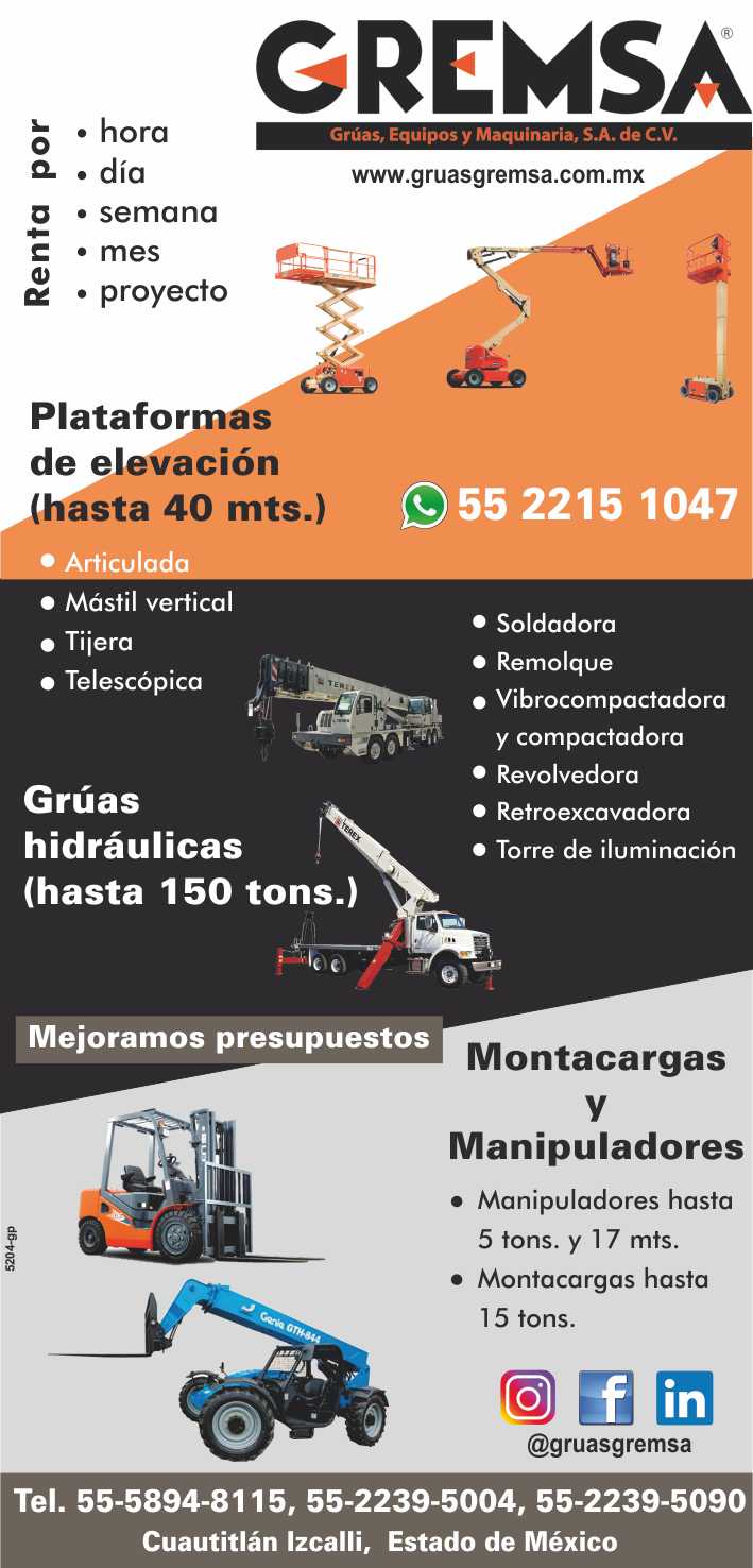 Plataformas de elevacion Plataformas articuladas, Mastil vertical, Plataformas de tijera, Plataformas telescopicas, Gruas hidraulicas, Soldadoras, Remolques lowboy, Vibrocompactadoras Plataformas de elevacion Plataformas articuladas, Mastil vertical, Plataformas de tijera, Plataformas telescopicas, Gruas hidraulicas, Soldadoras, Remolques lowboy, Vibrocompactadoras