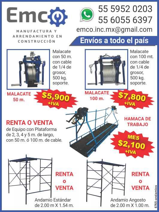 Malacates, andamios, renta o venta de equipo con plataforma de 2, 3, 4, 5m de largo con 50m o 100m de cable, envio a todo el pais Malacates, andamios, renta o venta de equipo con plataforma de 2, 3, 4, 5m de largo con 50m o 100m de cable, envio a todo el pais