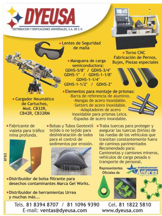 Lentes de Seguridad de malla, Manguera de carga semiconductora, Cargador Neumatico de Cartuchos, Torno CNC, Fabricacion de Pernos, Bujes, Piezas especiales. Fabricante de vialeta para trafico mina. Lentes de Seguridad de malla, Manguera de carga semiconductora, Cargador Neumatico de Cartuchos, Torno CNC, Fabricacion de Pernos, Bujes, Piezas especiales. Fabricante de vialeta para trafico mina.