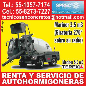 Renta y servicio de autohormigoneras, mariner 3.5 m3, (giratoria 270° sobre su radio), mariner 5.5 m3, Terex Renta y servicio de autohormigoneras, mariner 3.5 m3, (giratoria 270° sobre su radio), mariner 5.5 m3, Terex