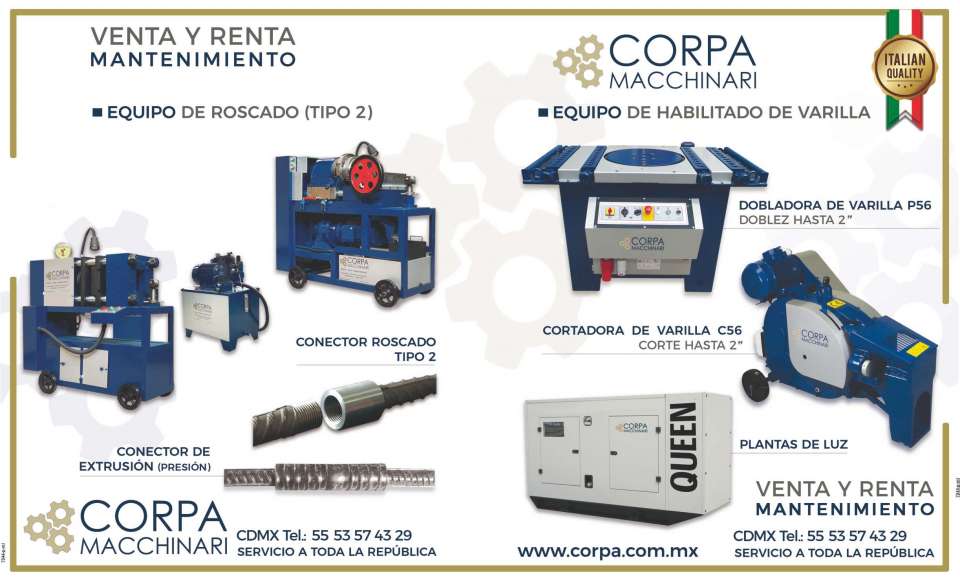 Equipos de Habilitado de Varilla, Dobladoras de varilla, Cortadoras de varilla, Conector roscado tipo 2, Conector de Extrusion (Presion), Equipo de Roscado, Plantas de luz, Venta, Renta, Mantenimiento Equipos de Habilitado de Varilla, Dobladoras de varilla, Cortadoras de varilla, Conector roscado tipo 2, Conector de Extrusion (Presion), Equipo de Roscado, Plantas de luz, Venta, Renta, Mantenimiento