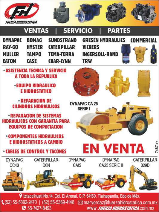 Ventas, Servicio, Partes. Asistencia tecnica y servicio a toda la Republica. Equipo Hidraulico e Hidrostatico. Reparacion de cilindros hidraulicos. Cables de Control y Tacones. Ventas, Servicio, Partes. Asistencia tecnica y servicio a toda la Republica. Equipo Hidraulico e Hidrostatico. Reparacion de cilindros hidraulicos. Cables de Control y Tacones.