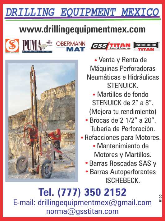 Venta y Renta de Maquinas Perforadoras Neumaticas e Hidraulicas. Martillos de fondo de 2 a 8. Brocas de 2 1/2 a 20. Tuberia de Perforacion, Refacciones para Motores. Barras Roscadas y Autoperforantes Venta y Renta de Maquinas Perforadoras Neumaticas e Hidraulicas. Martillos de fondo de 2 a 8. Brocas de 2 1/2 a 20. Tuberia de Perforacion, Refacciones para Motores. Barras Roscadas y Autoperforantes