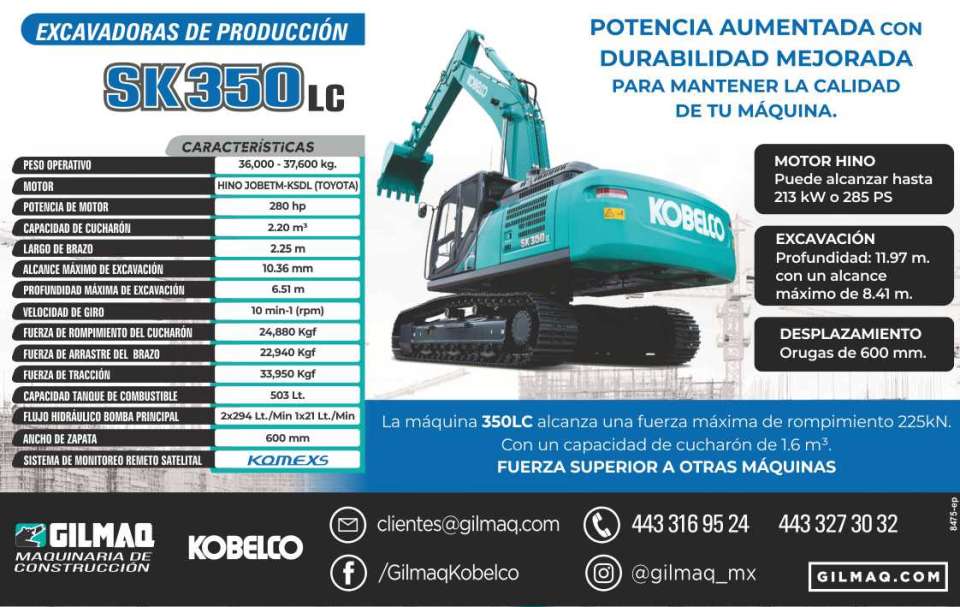 Excavadoras de produccion SK350LC Potencia aumentada con Durabilidad Mejorada, para mantener la Calidad de tu Maquina. La maquina 350LC alcanza una fuerza maxima de rompimiento 225kN. Excavadoras de produccion SK350LC Potencia aumentada con Durabilidad Mejorada, para mantener la Calidad de tu Maquina. La maquina 350LC alcanza una fuerza maxima de rompimiento 225kN.