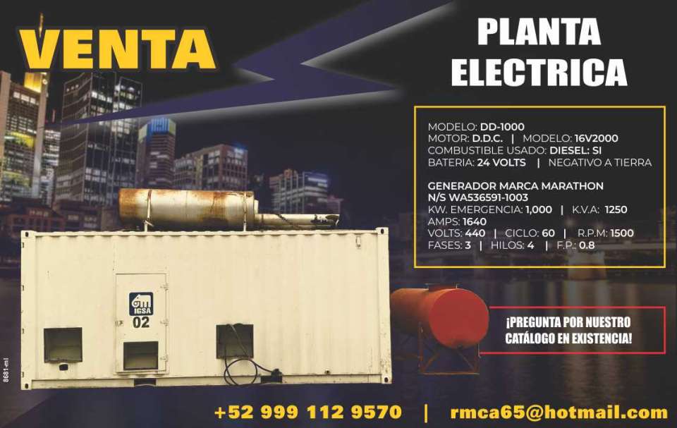 Venta de planta electrica, modelo DD- 1000, motor D.D.C. modelo 16V2000, combustible diesel, bateria 24 volt, negativo a tierra. Venta de planta electrica, modelo DD- 1000, motor D.D.C. modelo 16V2000, combustible diesel, bateria 24 volt, negativo a tierra.