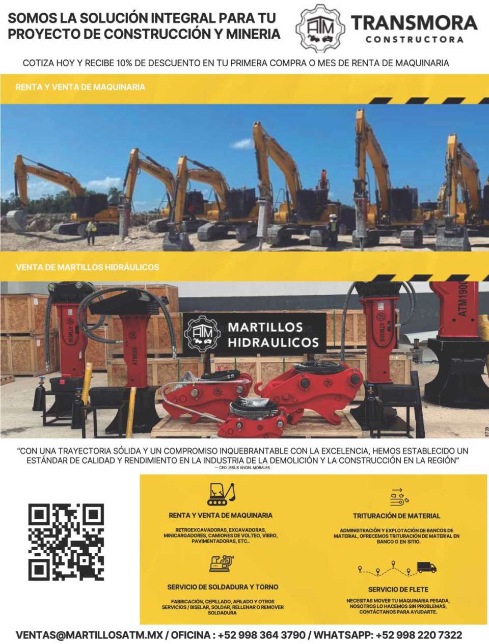 Renta y Venta de Maquinaria, Venta de Martillos Hidraulicos, Trituracion de Material en Banco o en Sitio. Servicio de Soldadura y Torno. Servicio de Flete. ATM Transmora Constructora Renta y Venta de Maquinaria, Venta de Martillos Hidraulicos, Trituracion de Material en Banco o en Sitio. Servicio de Soldadura y Torno. Servicio de Flete. ATM Transmora Constructora