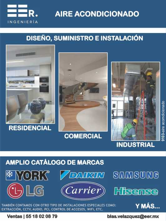 For residential, commercial, and industrial use. Wide catalog of brands: York, Daikin, Samsung, LG, Carrier, Hisense. Installation of extraction, CCTV, audio, PCI, access control, Wi-Fi, and more.
