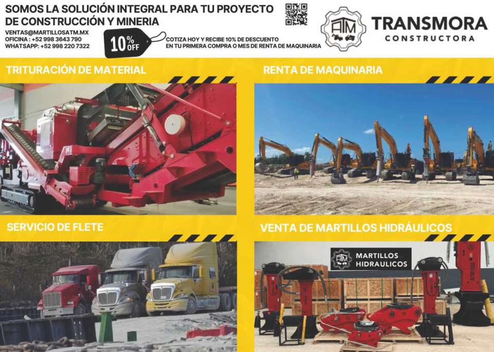 Proyectos de Construccion y Mineria. Cotiza hoy y Recibe 10% de Descuento. Trituracion de Material, Renta de Maquinaria, Martillos Hidraulicos. Servicio de Flete. ATM Transmora Constructora Proyectos de Construccion y Mineria. Cotiza hoy y Recibe 10% de Descuento. Trituracion de Material, Renta de Maquinaria, Martillos Hidraulicos. Servicio de Flete. ATM Transmora Constructora